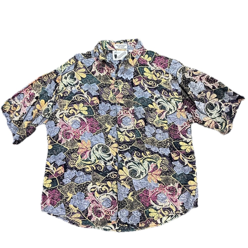 Goouch Button Down Shirt Mens L Multi Color Abstract Floral Rayon Short Sleeve